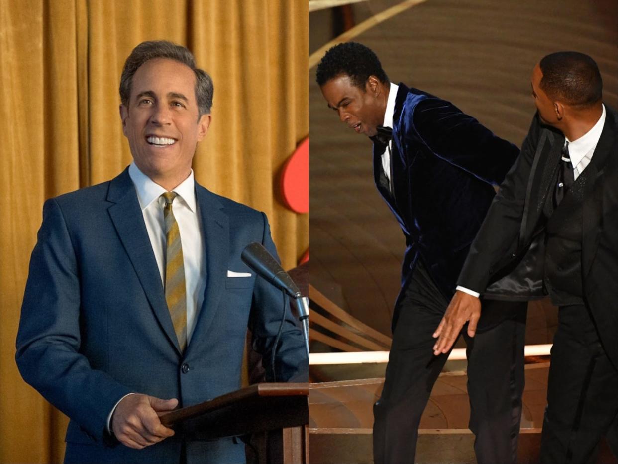 Jerry Seinfeld in "Unfrosted" side by side with Will Smith slapping Chris Rock at the 2022 Oscars.