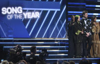 Billie Eilish, left, and Finneas O'Connell accept the award for song of the year for "Bad Guy" at the 62nd annual Grammy Awards on Sunday, Jan. 26, 2020, in Los Angeles. (Photo by Matt Sayles/Invision/AP)