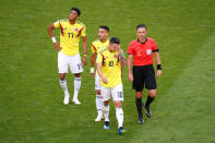 <p>Colombia were dealt a massive a blow when star player James Rodriguez was forced off in the first half </p>