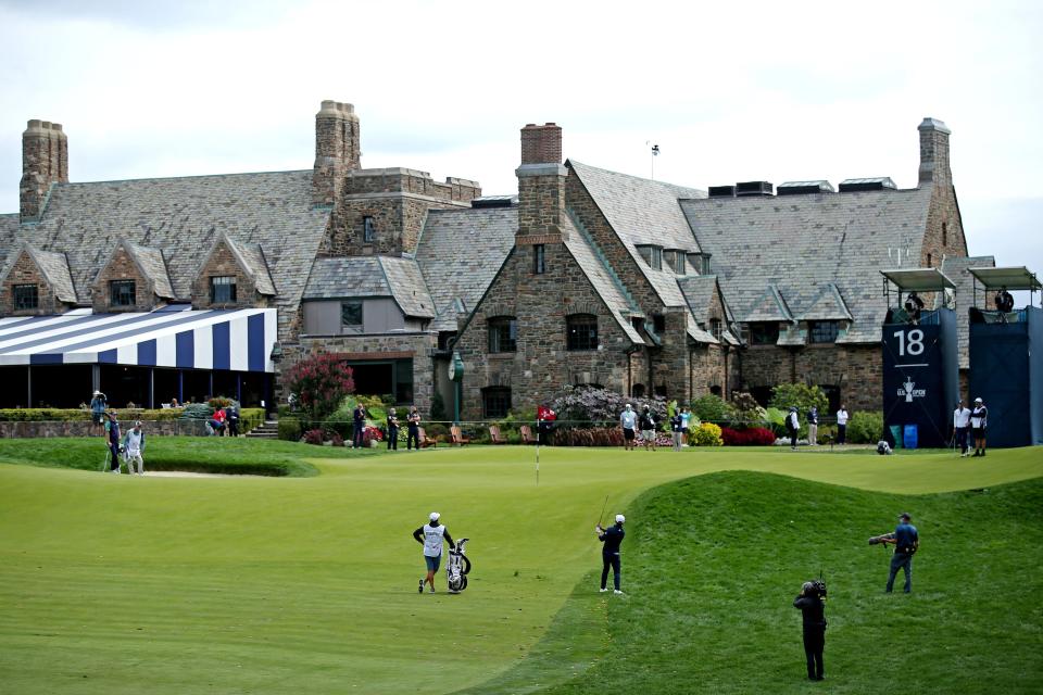 Sep 18, 2020; Mamaroneck, New York, USA; Xander Schauffele plays from the rough on the 18th hole during the second round of the U.S. Open golf tournament at Winged Foot Golf Club - West. Mandatory Credit: Brad Penner-USA TODAY Sports