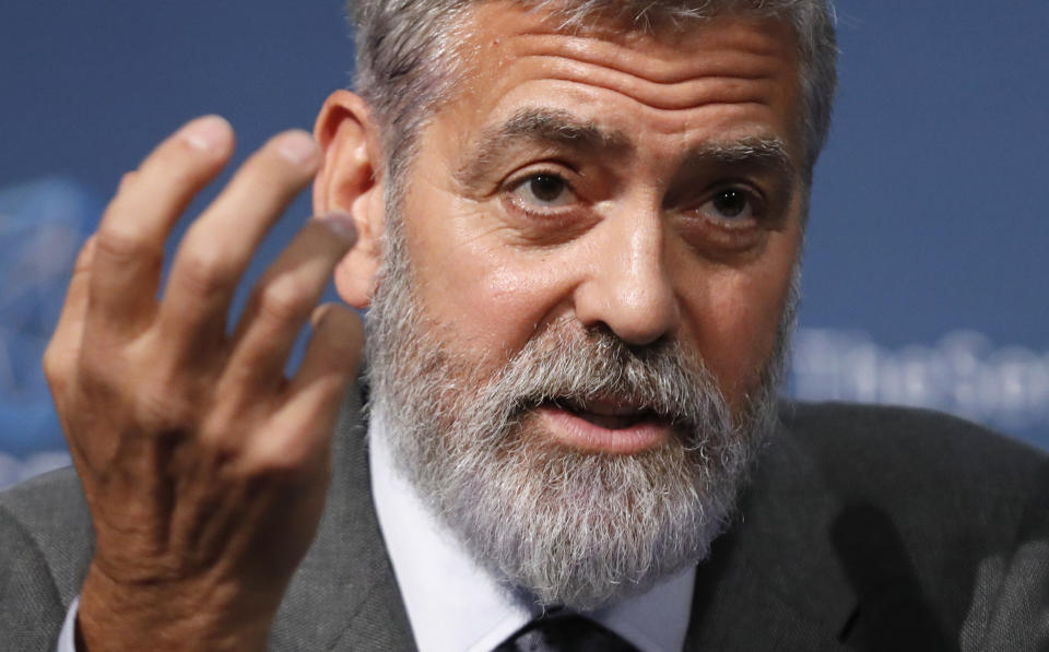 US actor and activist George Clooney speaks at a press conference about South Sudan in London, Thursday, Sept. 19, 2019. The largest multinational oil consortium in South Sudan is "proactively participating in the destruction" of the country, the actor George Clooney and co-founder of The Sentry watchdog group told The Associated Press this week. (AP Photo/Alastair Grant)