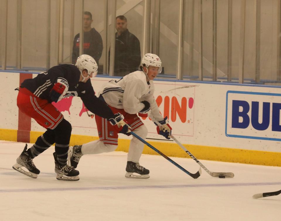 Gabe Perreault in action during the New York Rangers development camp at their training center in Tarrytown, July 5, 2023. 
