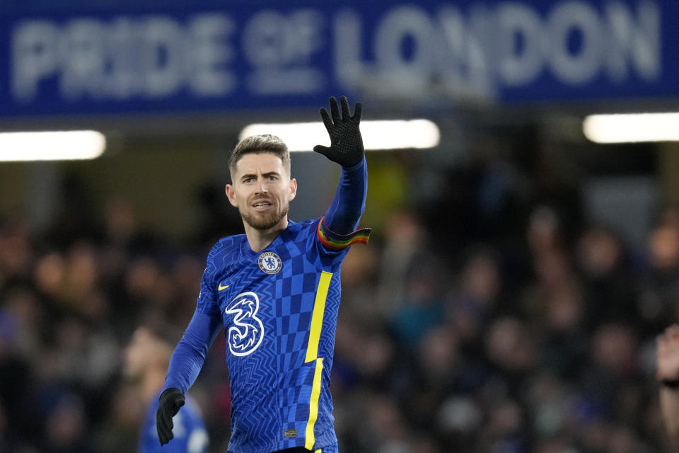 Chelsea's Jorginho celebrates after scoring his side's first goal during the English Premier League soccer match between Chelsea and Manchester United at Stamford Bridge stadium in London, Sunday, Nov. 28, 2021. (AP Photo/Kirsty Wigglesworth)