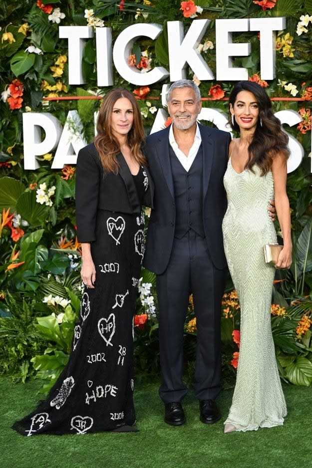 Julia Roberts, George Clooney and Amal Clooney attend the "Ticket To Paradise" World Film Premiere at Odeon Luxe Leicester Square on September 07, 2022 in London, England