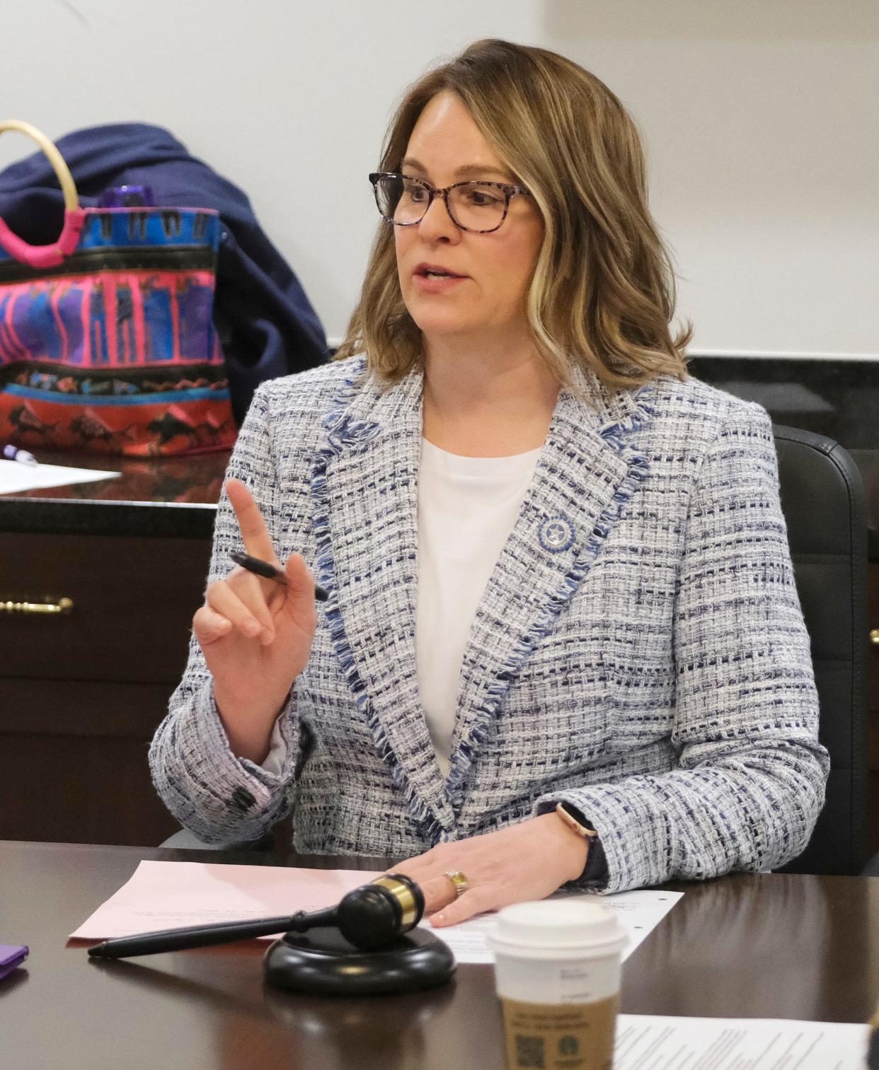 Chair Heather Mahieu Cline conducts a meeting of the Oklahoma State Election Board on Jan. 31, 2024 at the Oklahoma Capitol.