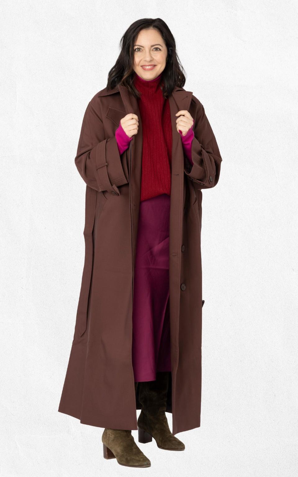 Gilda maxi trench coat, £169 (aligne.co); wool rib vest, £145 and skirt, £88 (jigsaw-online.com)