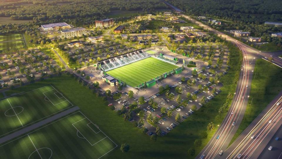A rendering of the area surrounding the planned Lexington Sporting Club stadium shows how the complex will include the practice fields already under construction for the club’s youth soccer teams.