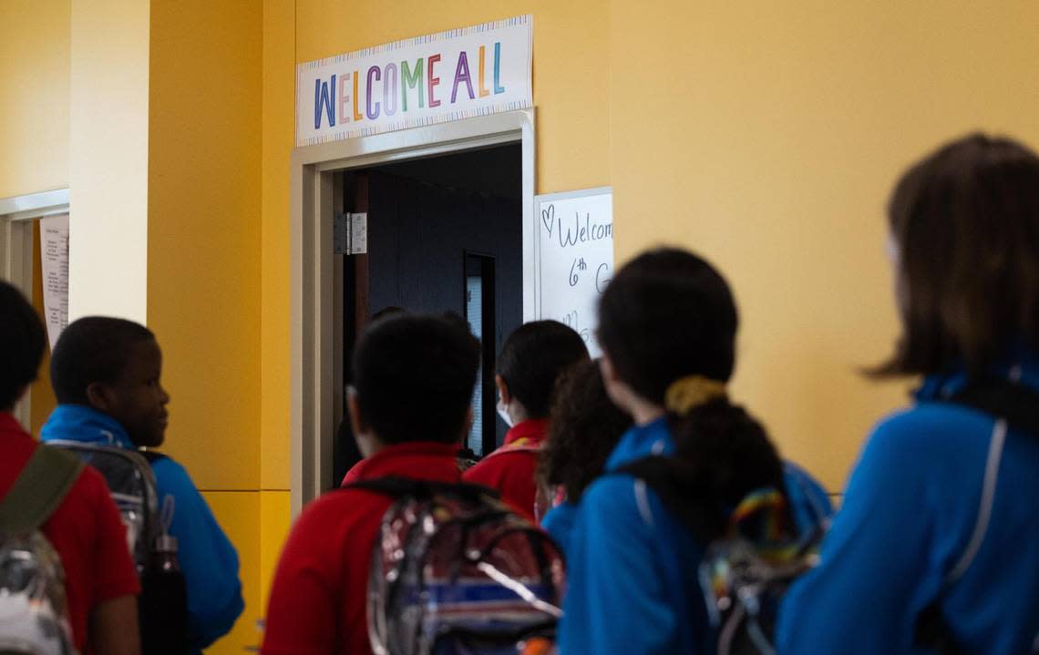 Students line up in the hallway to enter a class at IDEA Rise charter school in the Las Vegas Trail neighborhood on Nov. 10, 2022, in Fort Worth.