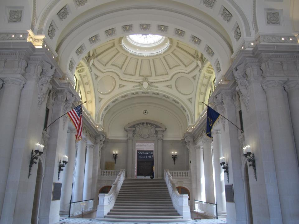 This March 22, 2014 photo shows the main entrance to Bancroft Hall, the dorm for the Brigade of Midshipmen, at the U.S. Naval Academy, in Annapolis, Md. The Naval Academy is one of a number of free places to visit and see in Annapolis. (AP Photo/Brian Witte)