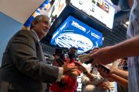 Ted Leonsis, Founder & CEO, Monumental Sports & Entertainment and owner of the Washington Wizards and the Washington Capitals speaks to reporters at a ribbon cutting for the William Hill Sportsbook at Monumental Sports & Entertainment's Capital One Arena in Washington, Wednesday, May 26, 2021. The William Hill Sportsbook is the first ever sports betting venue to open within a U.S. professional sports facility. (AP Photo/Andrew Harnik)