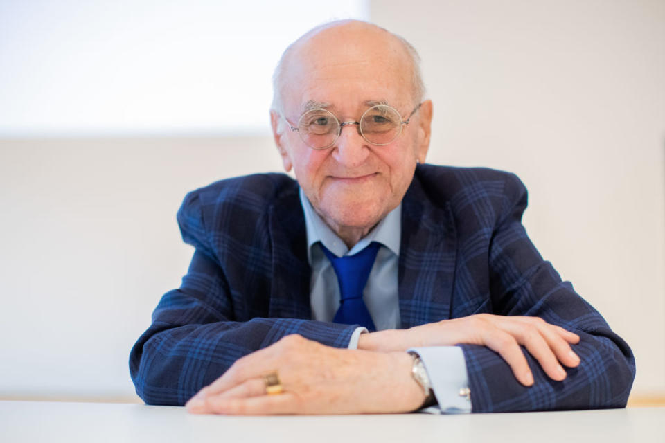 01 July 2020, North Rhine-Westphalia, Cologne: Alfred Biolek, presenter, wears a ring from his private collection at a press event at the Museum of Applied Arts. The men's ring, which was designed in 1983 by the American fashion and jewellery designer Lorna Austin Brown, was made by a jeweller in Cologne - the ring contains a piece of the antique Biolek RhÃ¶n table where he received countless celebrity guests. Biolek is leaving two pieces of jewellery from his private collection to the Museum of Applied Arts Cologne. Photo: Rolf Vennenbernd/dpa (Photo by Rolf Vennenbernd/picture alliance via Getty Images)