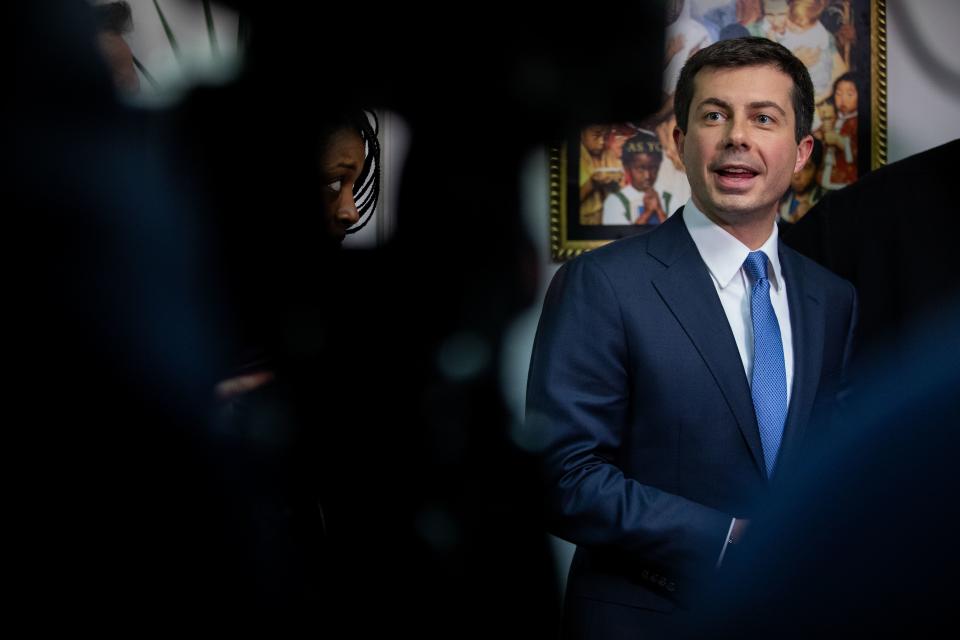 South Bend, Indiana mayor and Democratic presidential candidate, Pete Buttigieg, talks to the press after a Sunday morning service at Greenleaf Christian Church in Goldsboro, North Carolina on December 1, 2019. (Photo by Logan Cyrus / AFP) (Photo by LOGAN CYRUS/AFP via Getty Images)