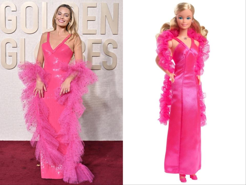 Margot Robbie at the Golden Globes and 1977 Superstar Barbie.