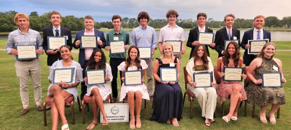 The JAGA Scholarship Trust recipients for 2023 were honored with a banquet at the Deerwood Country Club on May 16. In the back row, from the left, are Graham Worley, Will Anderson, Jacob Davis, Matthew French, Andrew Morgan, Cody Tucker, Casey Jones, Tom Anderson and Michael Wenk. In the front row, from the left, are Maya Walker, Shanya Arasu, Amelia Peters, Samantha Kroog, Adrianna Selles, Juel Kimball and Olivia Drake. Absent were Chase Carroll and Kira Powell.