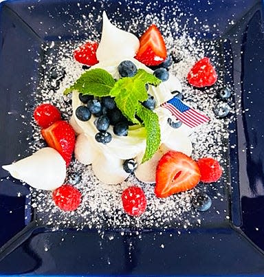 Red-white-and-blue pavlova will be featured at Cafe L'Europe on July 4.