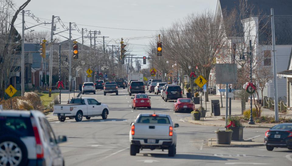 Drivers head down Main Street near the intersection of Old Colony Road and Center Street on Dec. 8, 2022. Officials are looking for people to weigh in with suggestions for making downtown Hyannis better.