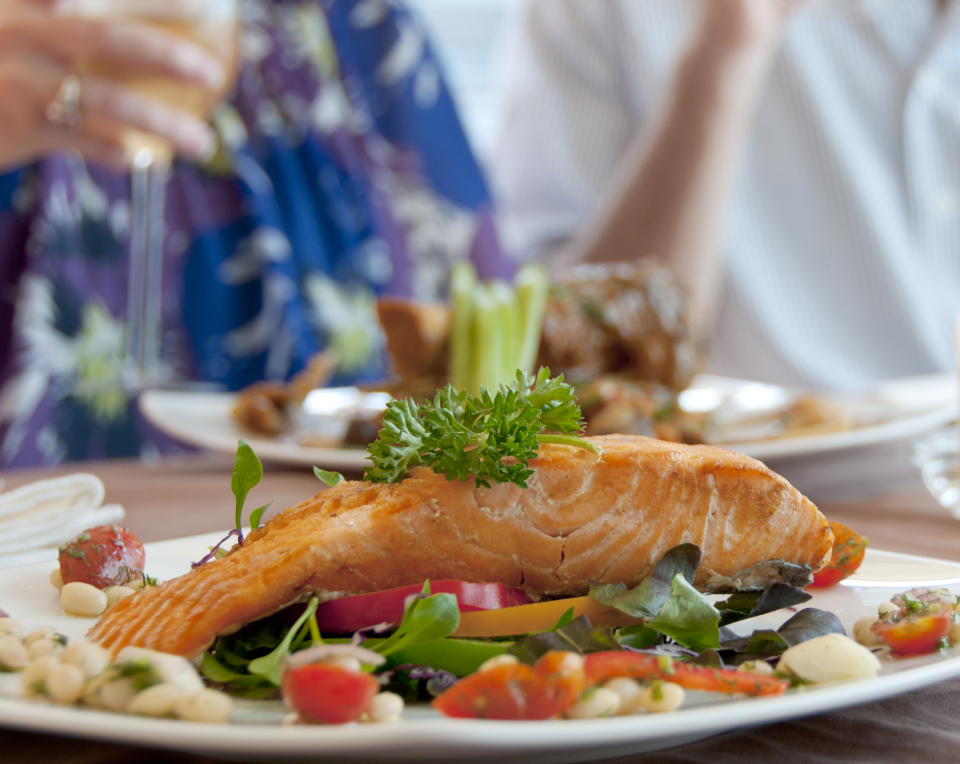 Salmon on a dinner table.