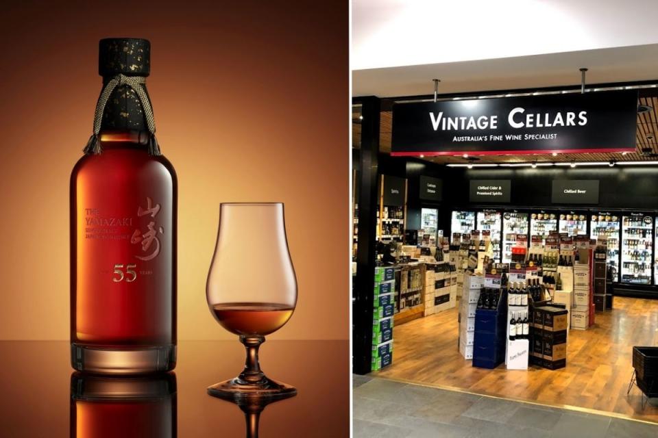 Side-by-side image. Left: Yamazaki 55-year-old Japanese whisky and glass. Right: Vintage Cellars storefront