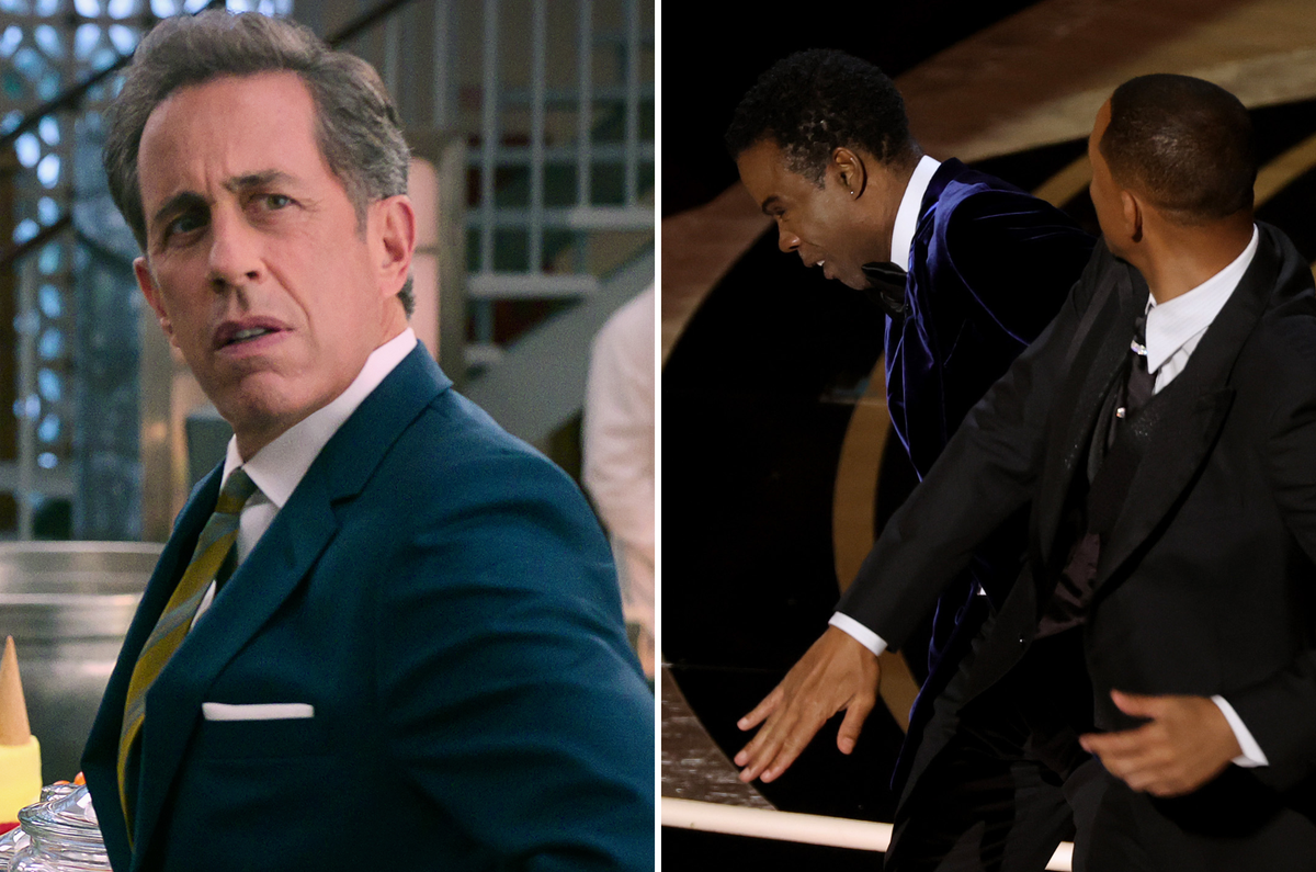 Jerry Seinfeld in ‘Unfrosted’ and Will Smith slapping Chris Rock at 2022 Oscars (Netflix/Getty Images)