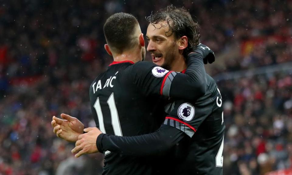 Manolo Gabbiadini, right, celebrates one of his goals for Southampton in the 4-0 win at Sunderland in the Premier League