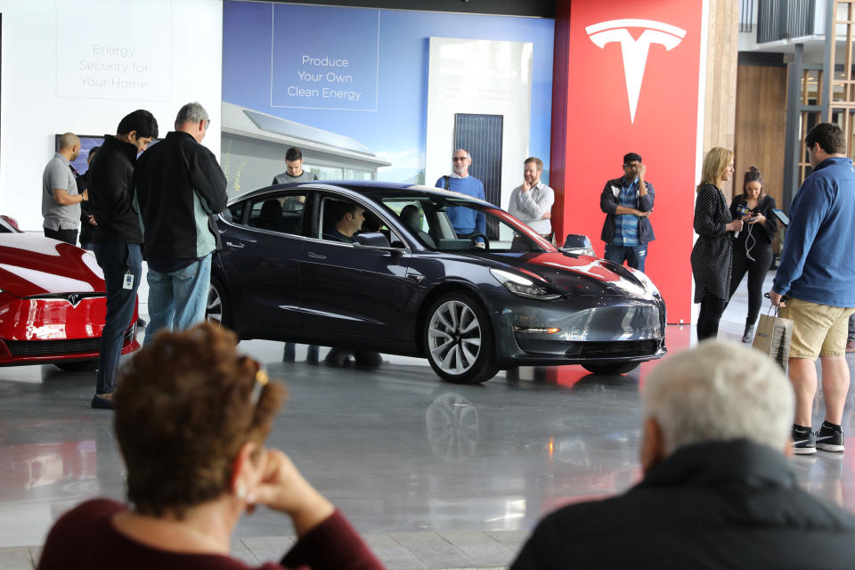 A Tesla Model 3 is seen in a showroom in Los Angeles, California U.S. January 12, 2018. REUTERS/Lucy Nicholson
