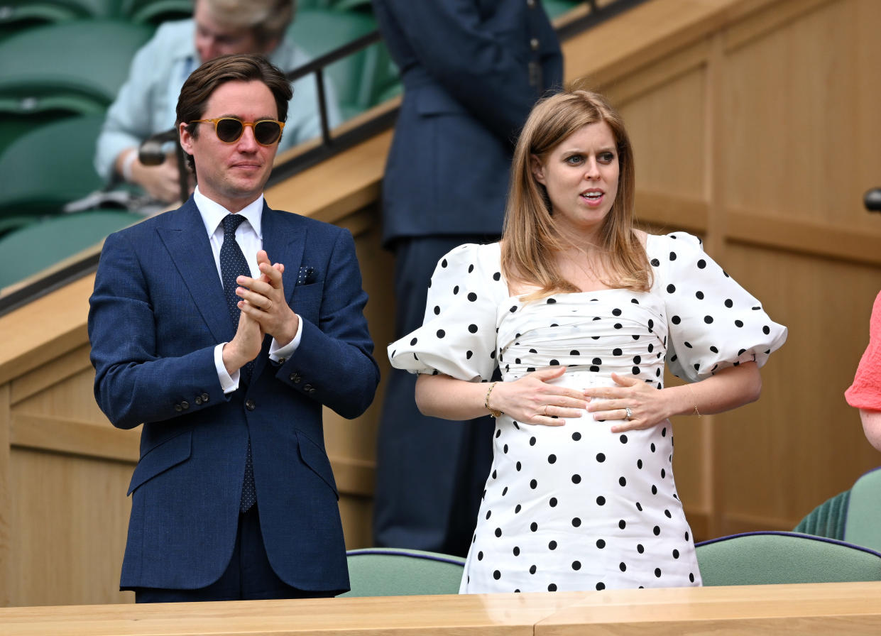 Edo Mapelli Mozzi and Princess Beatrice photographed prior to their daughter's arrival, on day 10 of the Wimbledon Tennis Championships at the All England Lawn Tennis and Croquet Club on July 08, 2021 in London, England. (Photo by Karwai Tang/WireImage)