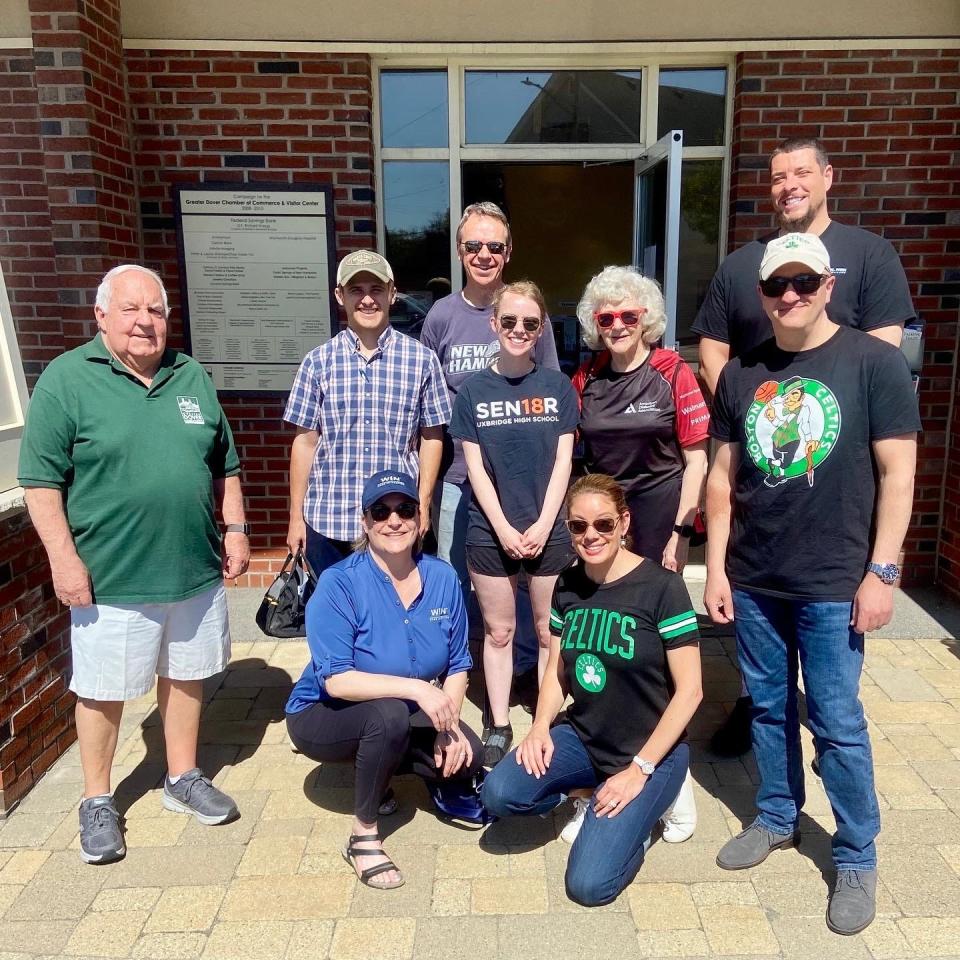 The hanging of the flags on May 13 was made possible by the help of volunteers. Back row, left to right: Dover resident Seth Rafferty and Bill Stowell of Central Park Garage. Middle row, left to right: Phil Rinaldi of the Rotary Club of Dover, Noah Morency of Clean-O-Rama, Hope Anderson of Greater Dover Chamber of Commerce, Janet Glazier of Garrison Players Arts Center, Doug Glennon of Jewelry Creations. Bottom row left to right: Stephanie Loignon of WIN Home Inspection and Kelly Glennon of Jewelry Creations.