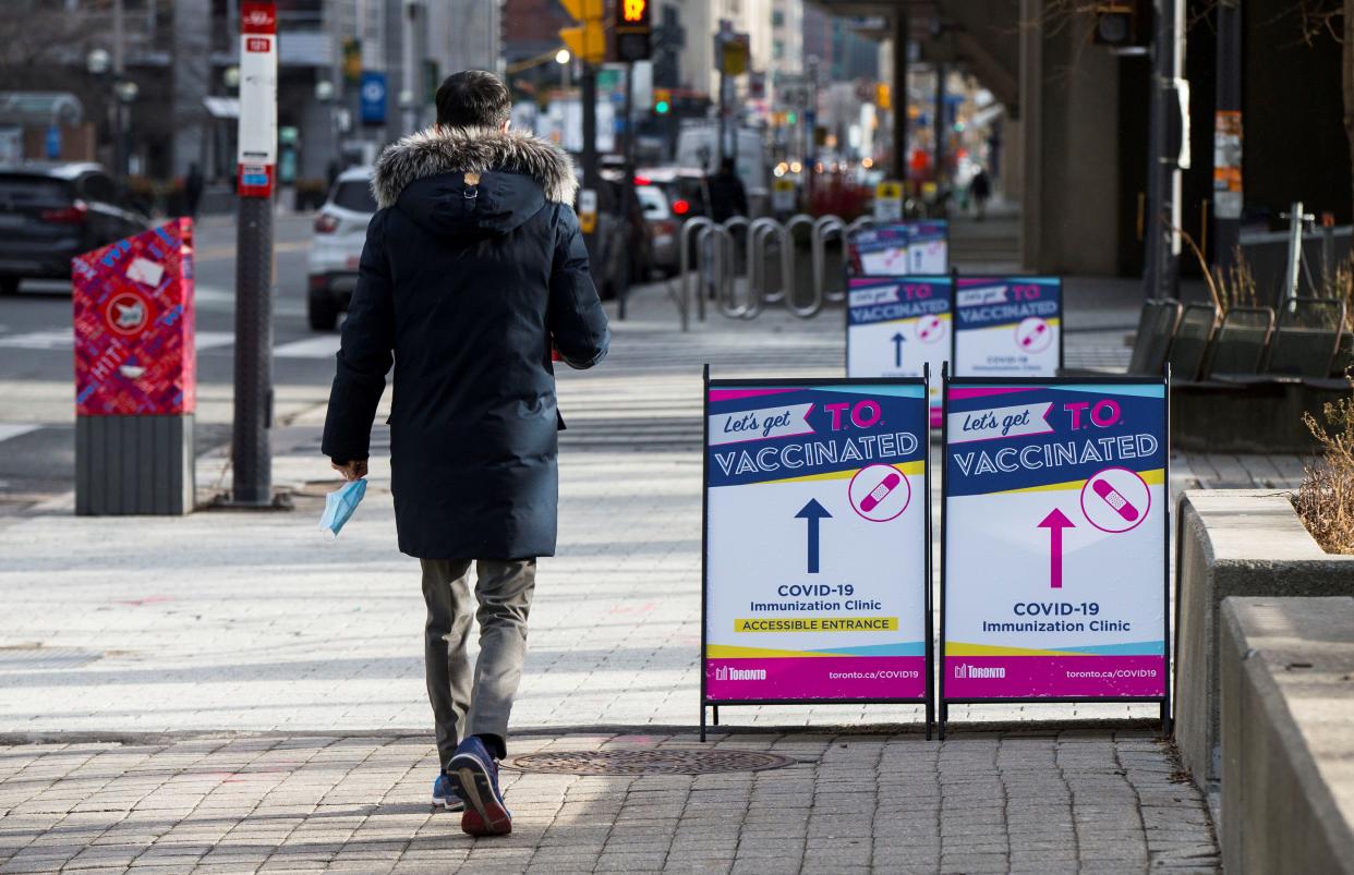 TORONTO, Jan. 18, 2021 -- A man arrives at a COVID-19 immunization clinic at the Metro Toronto Convention Center MTCC in Toronto, Ontario, Canada, on Jan. 18, 2021. Ontario's first proof-of-concept COVID-19 immunization clinic opened here on Monday to help develop a blueprint for how shots could be administered in non-medical settings. (Photo by Zou Zheng/Xinhua via Getty) (Xinhua/Zou Zheng via Getty Images)