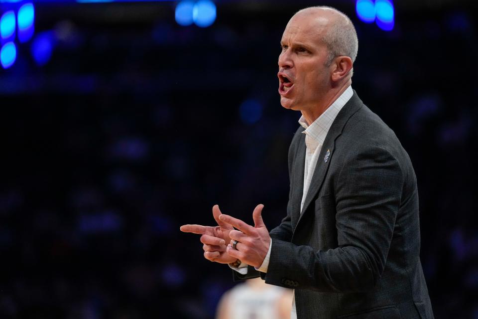 Connecticut Huskies head coach Dan Hurley shouts to his defense in the second half of the NCAA Big East Conference Tournament second round game between the Connecticut Huskies and the Xavier Musketeers at Madison Square Garden in New York City on Thursday, March 14, 2024. Xavier was eliminated from the tournament by a 87-60 loss to UConn.