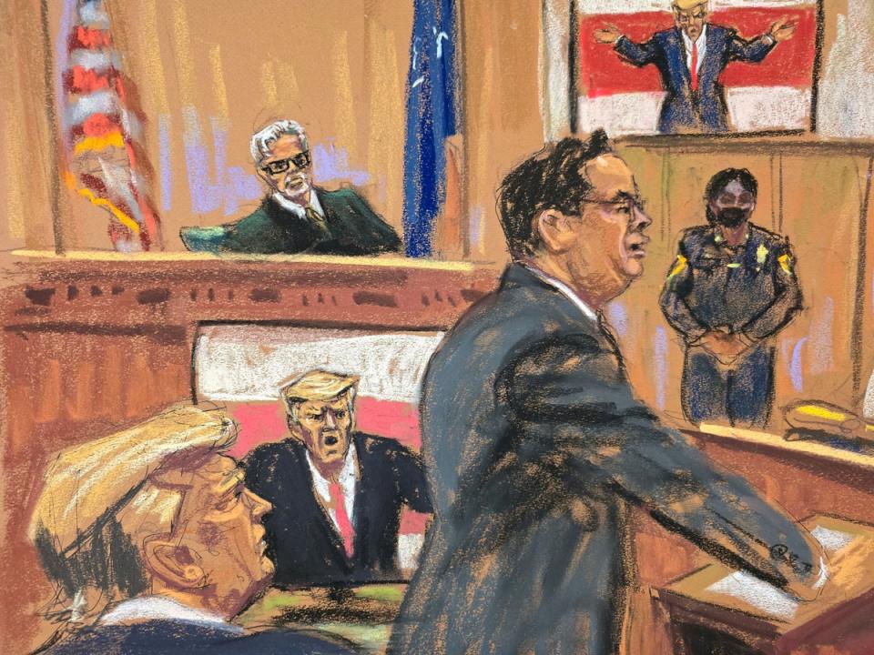 A courtroom sketch depicts Assistant District Attorney Joshua Steinglass delivering closing arguments in Donald Trump’s hush money trial on May 28 as the former president looks on. (REUTERS)