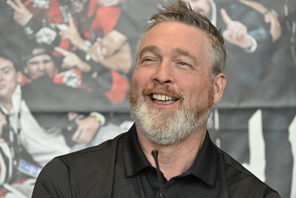 FILE- Quebec Remparts general manager and coach Patrick Roy announces his retirement from junior hockey, during a news conference Tuesday, June 13, 2023, at the Videotron Centre in Quebec City. The New York Islanders fired coach Lane Lambert and replaced him with Hall of Fame goaltender Patrick Roy, President of hockey operations and general manager Lou Lamoriello announced Saturday, Jan. 20, 2024. (Jacques Boissinot/The Canadian Press via AP, File)