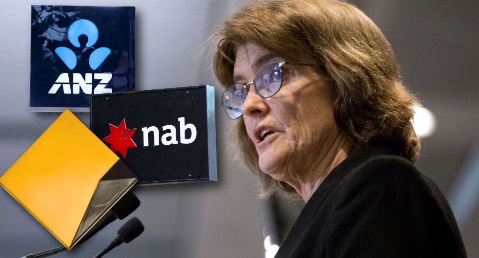 CBA, NAB and ANZ logos next to RBA governor Michele Bullock