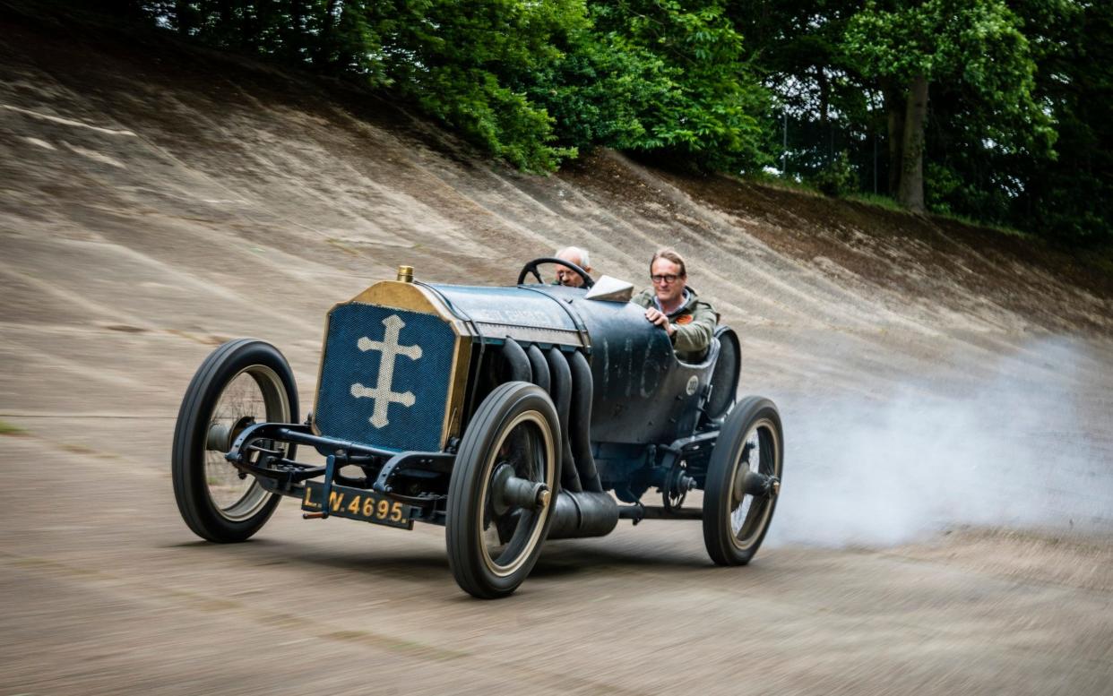 The old campaigner on the remains of the banking at Brooklands, where it would have competed in period - Andrew Crowley