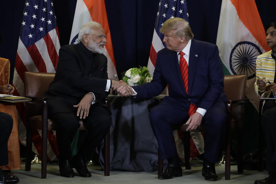 President Donald Trump meets with Indian Prime Minister Narendra Modi at the United Nations General Assembly, in New York. (AP Photo/Evan Vucci)