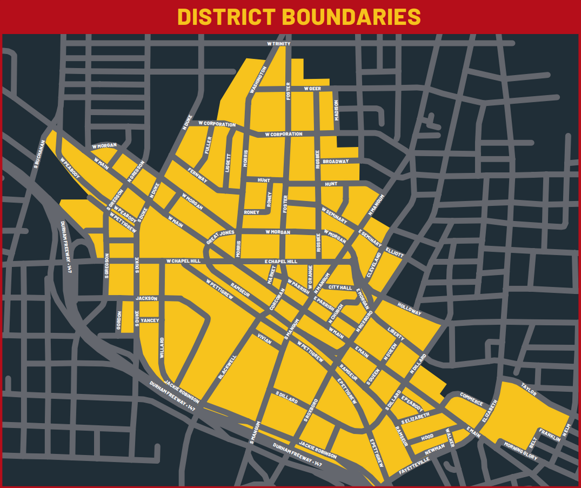 The proposed boundaries of a social district in Durham, North Carolina. Most of downtown is included.