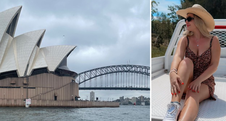 Left, image of the Sydney Opera House and Harbour Bridge under grey skies. Right, Kerry Simons smiles with a hat and sunglasses on the back of a ute. 