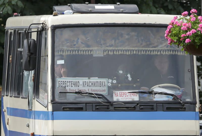 A view shows a passenger bus seized by an unidentified person in Lutsk