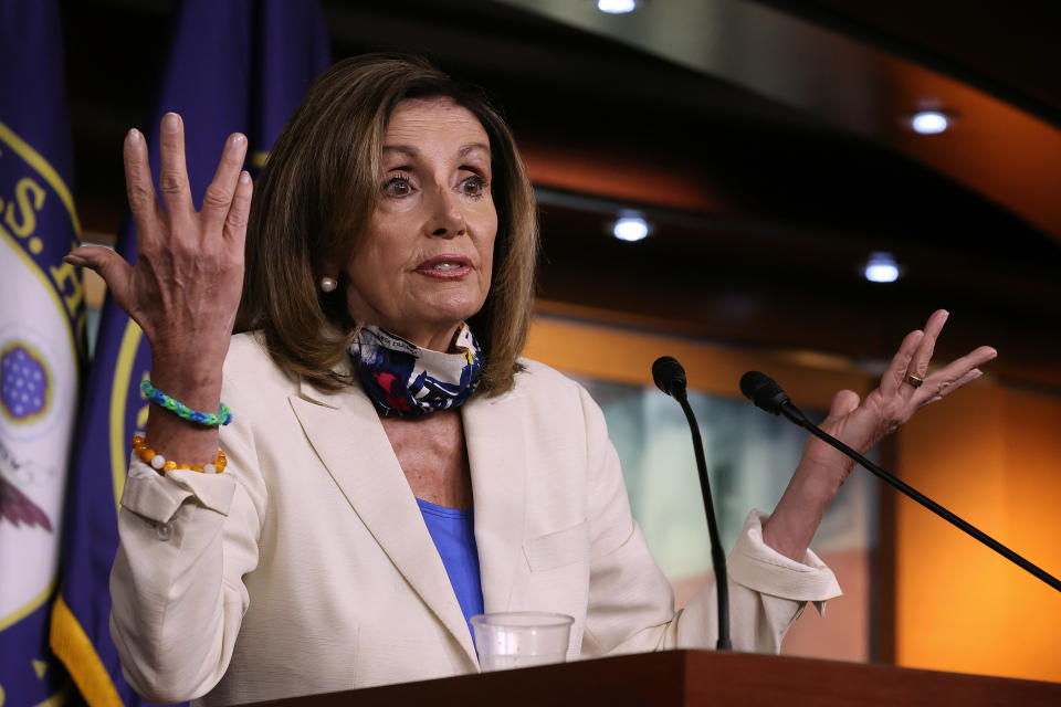 WASHINGTON, DC - JULY 16: Speaker of the House Nancy Pelosi (D-CA) talks to reporters during her weekly news conference in the U.S. Capitol Visitors Center July 16, 2020 in Washington, DC. Pelosi said that House Democrats want to get children and teachers safely back in the classroom but that would not be possible without President Donald Trump using the Defense Production Act to make more equipment to protect people from the novel coronavirus pandemic. (Photo by Chip Somodevilla/Getty Images)