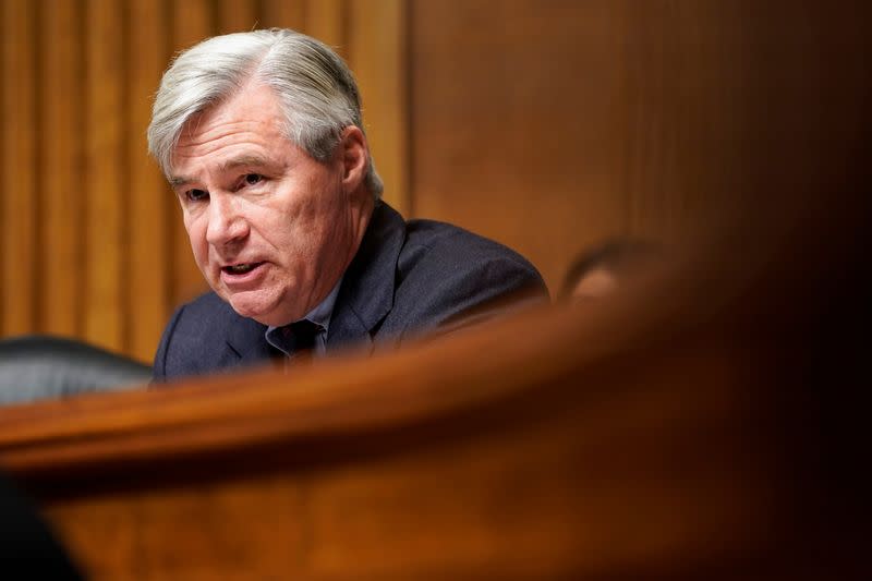Senator Sheldon Whitehouse (D-RI) questions judicial nominees during a hearing before the Senate Judiciary Committee on Capitol Hill in Washington