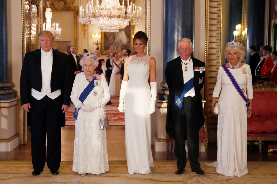 President Donald Trump, Queen Elizabeth II, Melania Trump, the Prince of Wales and the Duchess of Cornwall