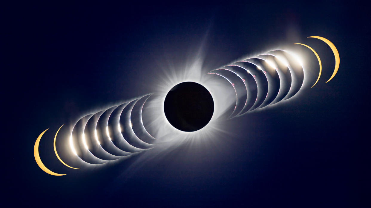  A time-sequence composite of the August 21, 2017 total solar eclipse. In this case, time runs from left to right, from the last filtered partial phases I shot, through unfiltered shots of the rapidly changing last glimmer of sunlight disappearing behind the advancing Moon at Second Contact, forming Bailyâ€™s Beads, to totality at centre. The sequence continues at right with the Sun emerging from behind the Moon in a rapid sequence at Third Contact, followed by two post-totality filtered partials to bookend the total eclipse images. The C3 limb had a beautiful array of pink prominences. The Contact 2 and 3 images were taken in rapid-fire continuous mode and so are only fractions of a second apart in real time. Most are 1/4000th second exposures. The totality image is a blend of 7 exposures, from 1/1600 second to 1/15 second to preserve detail in the corona from inner to middle corona. These were aligned, and merged into a smart object and blended with a Mean combine stack mode. The partials are 1/2500-second exposures through a Thousand Oaks metal-on-glass solar filter for the yellow colour. The placement of the frames here only roughly matches the actual position and motion of the Sun across the sky during the time around totality. Partials and C2 and C3 images layered into Photoshop and blended into the background totality image with a Lighten blend mode, and masked to reveal just the wanted bits of each arc. The site was north of Driggs, Idaho in the Teton Valley, north of the centreline. Thus the diamond rings are above the centre of the Moon's disk. 