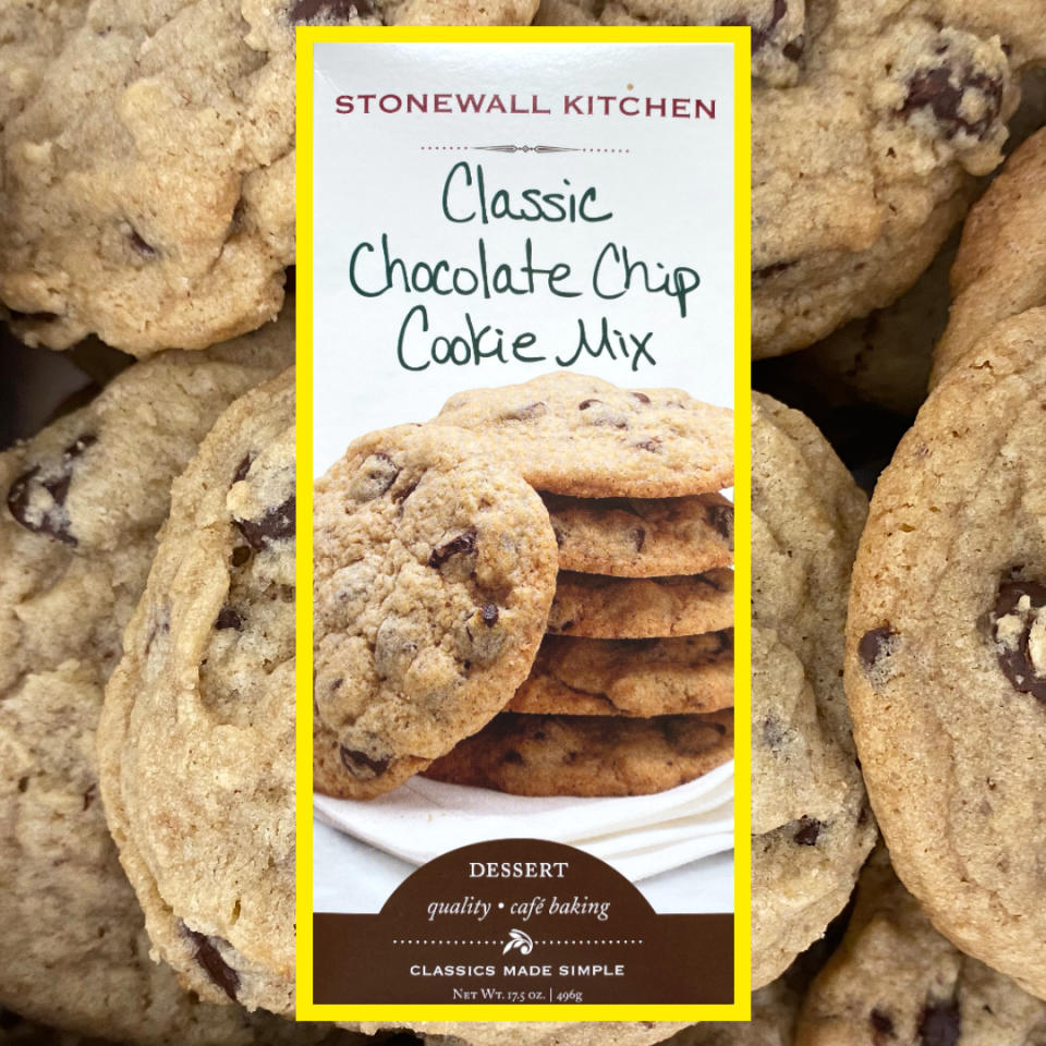 Stonewall Kitchen Classic Chocolate Chip Cookie Mix box on top of baked cookies; the box shows a stack of chocolate chip cookies