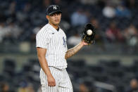 New York Yankees relief pitcher Jonathan Loaisiga (43) reacts during the eighth inning of a baseball game against the Kansas City Royals, Tuesday, June 22, 2021, at Yankee Stadium in New York. (AP Photo/Kathy Willens)