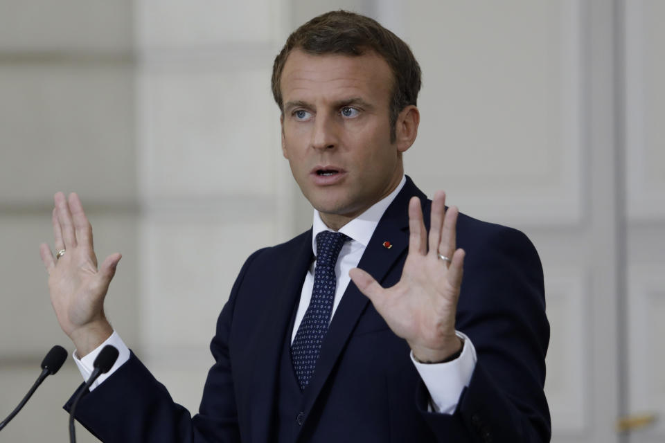 French President Emmanuel Macron speaks during a press conference on the situation in Lebanon, Sunday, Sept.27, 2020 in Paris. Lebanon's prime minister-designate Moustapha Adib resigned Saturday amid a political impasse over government formation, dealing a blow to French President Emmanuel Macron's efforts to break a dangerous stalemate in the crisis-hit country. (AP Photo/Lewis Joly, Pool)