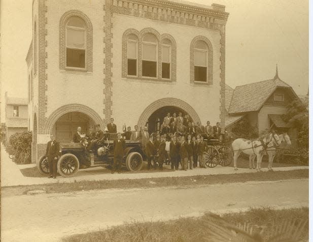 In a 1911 photo, firefighters show off their new American LaFrance truck, alongside a horse-drawn fire wagon in West Palm Beach. The old fire department building at Datura Street and Dixie Highway today houses Leila's Restaurant. Courtesy of the Historical Society of Palm Beach County