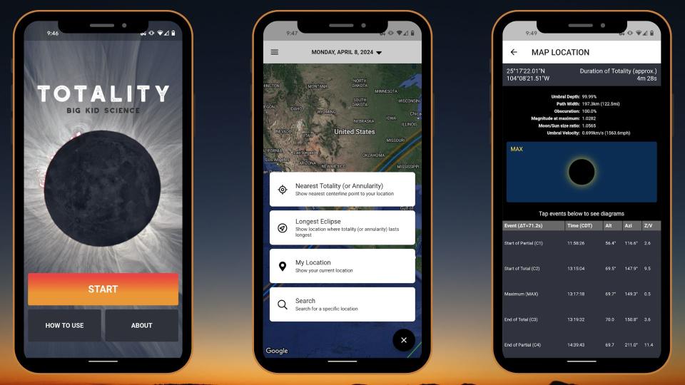 totality app screenshots showing a map and information about the april 2024 total solar eclipse.