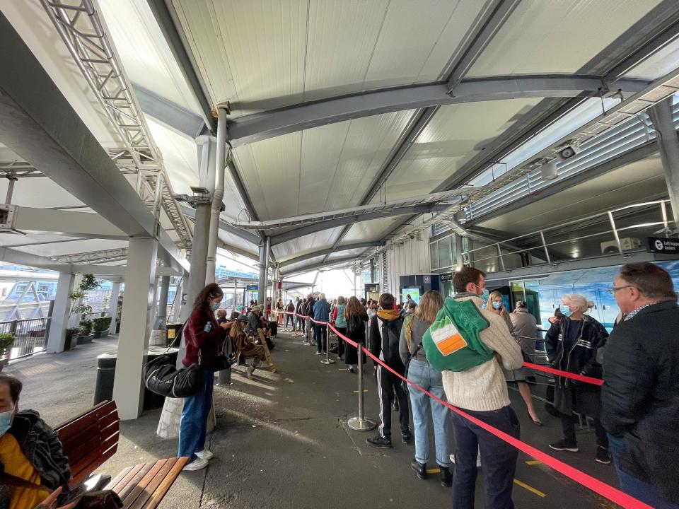 The line at the Auckland ferry terminal for to board a ferry to Waiheke Island.