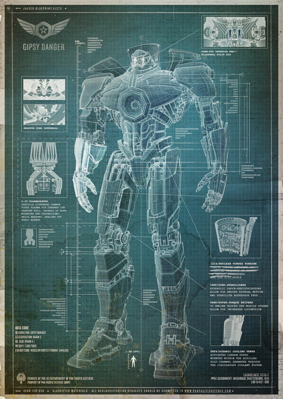 This blueprint image released by Warner Bros. Pictures shows details of the Gipsy Danger robot from the film "Pacific Rim." The film fulfills a very basic boyhood fantasy: big ol' robots and giant monsters slugging it out. The concept to Guillermo del Toro's "Godzilla"-sized film is about as simple as it gets, but actually constructing such mammoth creations is a far more arduous undertaking. (AP Photo/Warner Bros. Pictures)