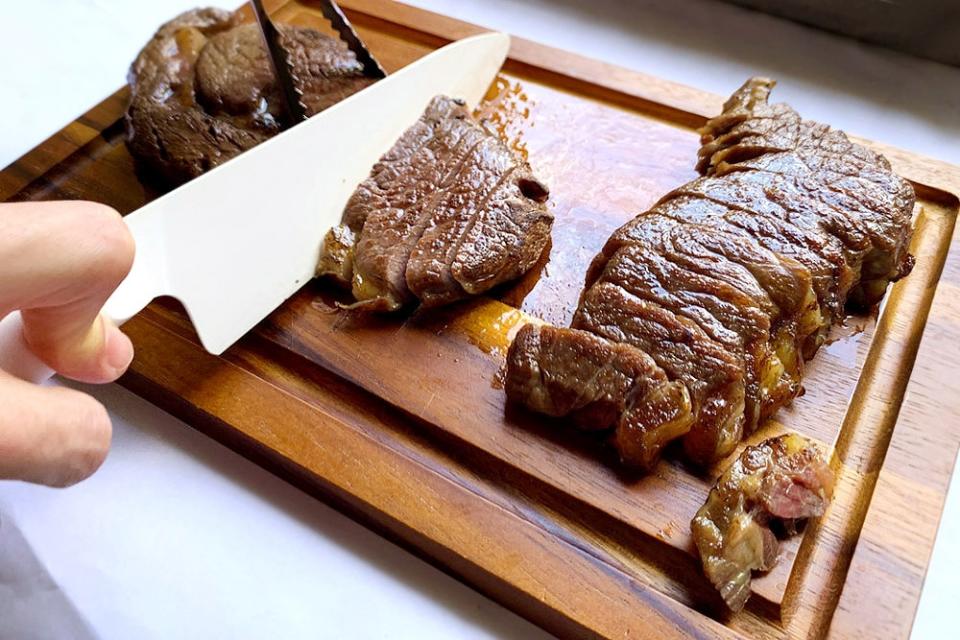 Slicing the sous vide steaks.