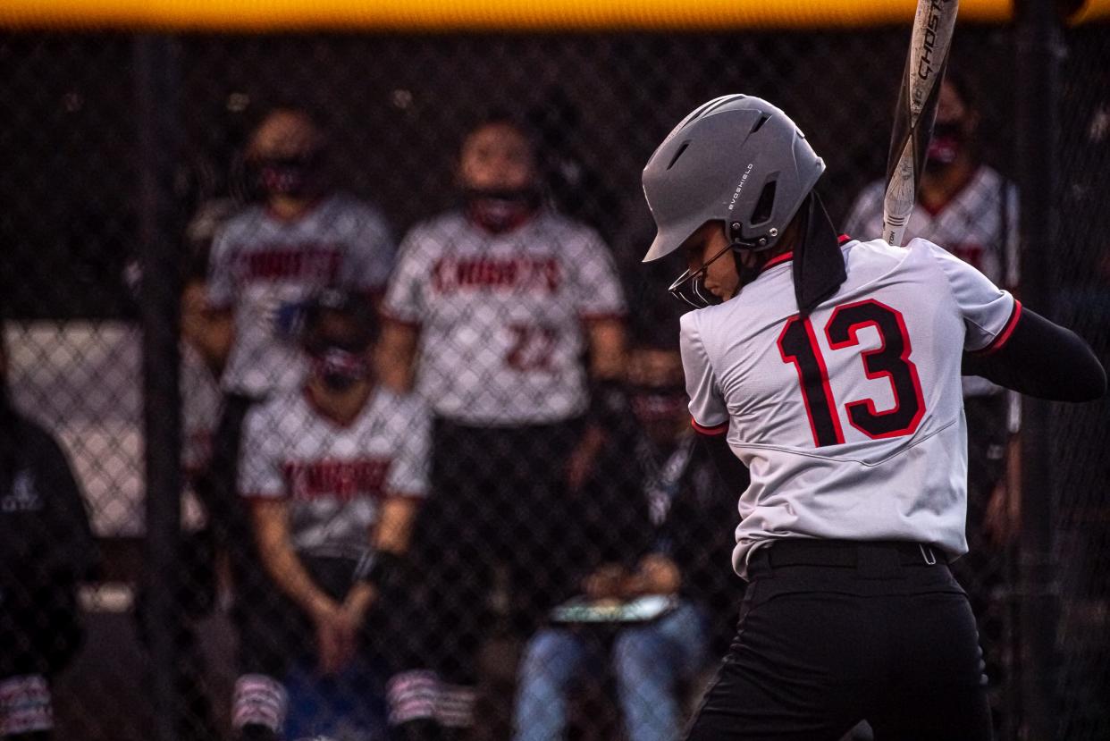 Desirae Spearman prepares to bat for Hanks. Hanks High School defeated Ysleta High School in varsity girls softball 7-3 at Hanks High School on Feb. 27, 2021.